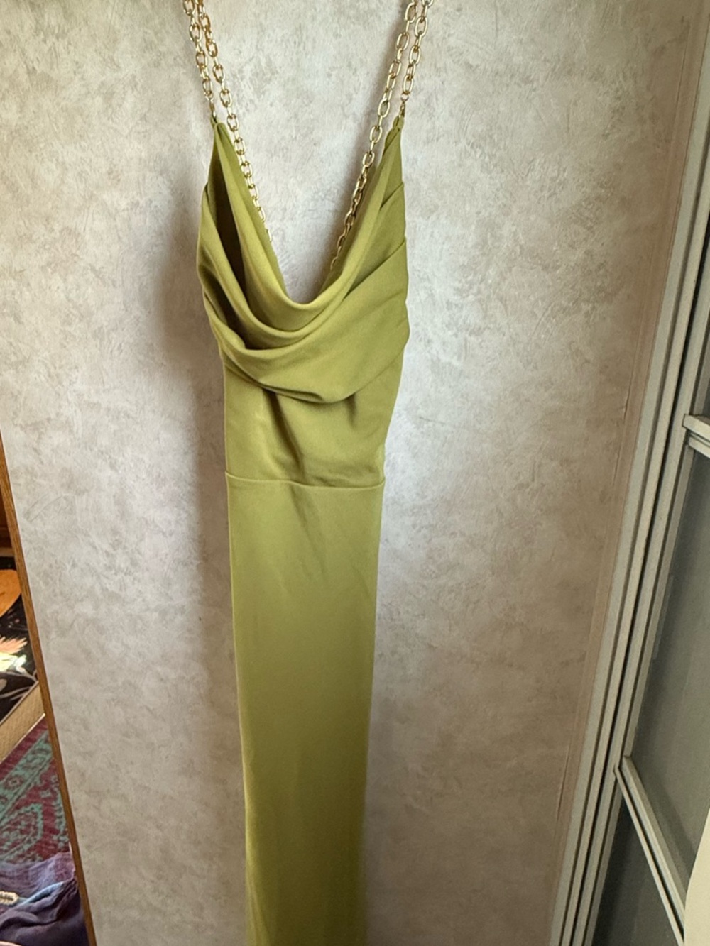Cowl Neck Olive Maxi Dress with Chain Straps